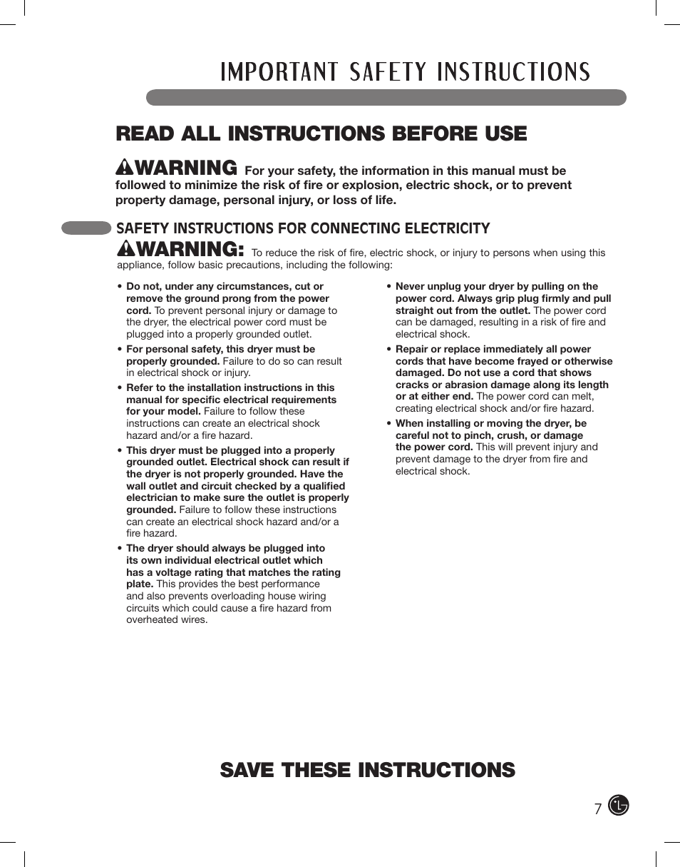 Save these instructions, Wwarning, Read all instructions before use w warning | Safety instructions for connecting electricity | LG DLE2701V User Manual | Page 7 / 120