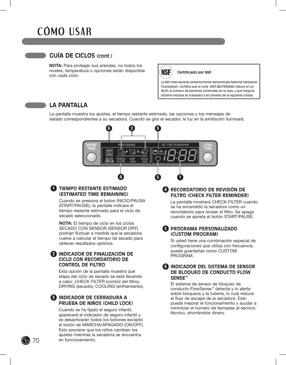 La pantalla, Guía de ciclos | LG DLE2701V User Manual | Page 70 / 120