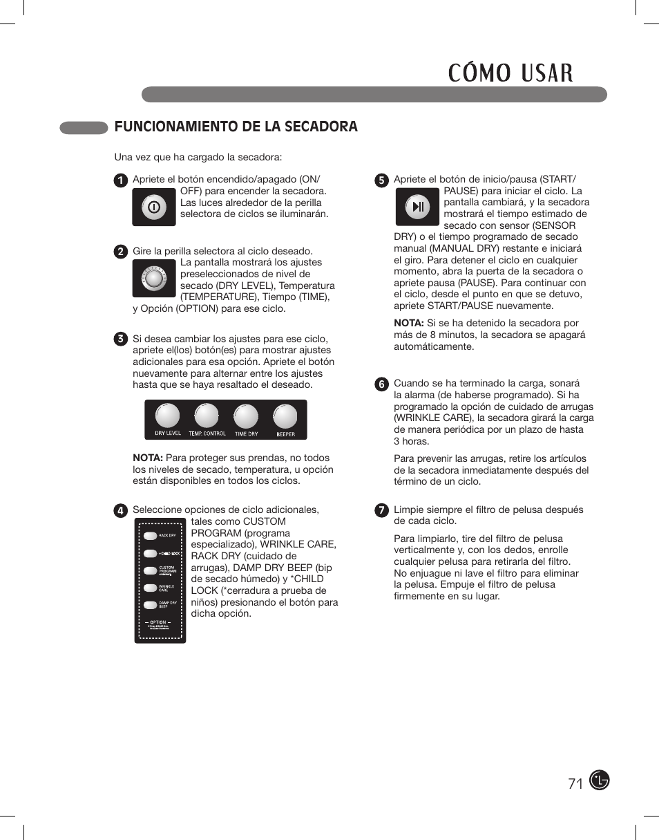 Funcionamiento de la secadora 71 | LG DLE2701V User Manual | Page 71 / 120