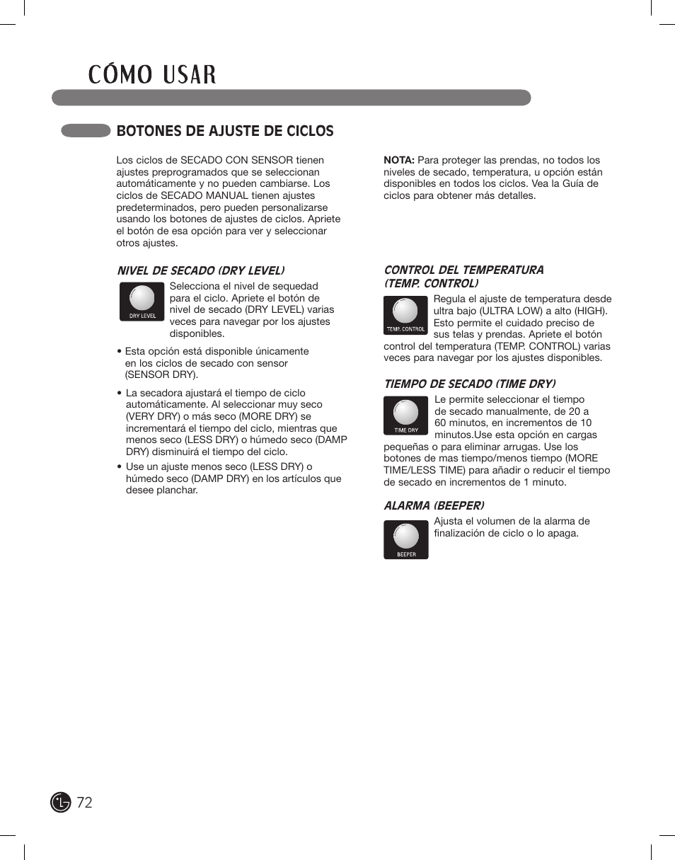 Botones de ajuste de ciclos | LG DLE2701V User Manual | Page 72 / 120