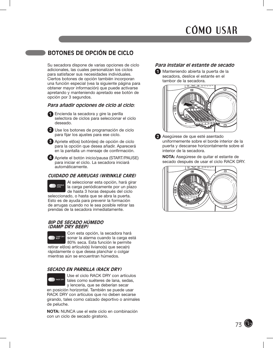 Botones de opción de ciclo | LG DLE2701V User Manual | Page 73 / 120