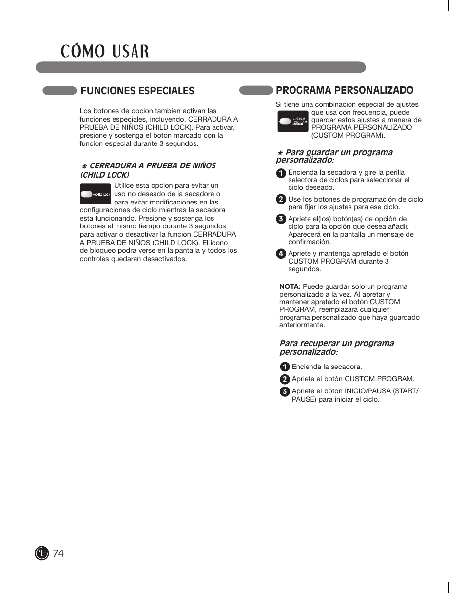 Funciones especiales, Programa personalizado | LG DLE2701V User Manual | Page 74 / 120