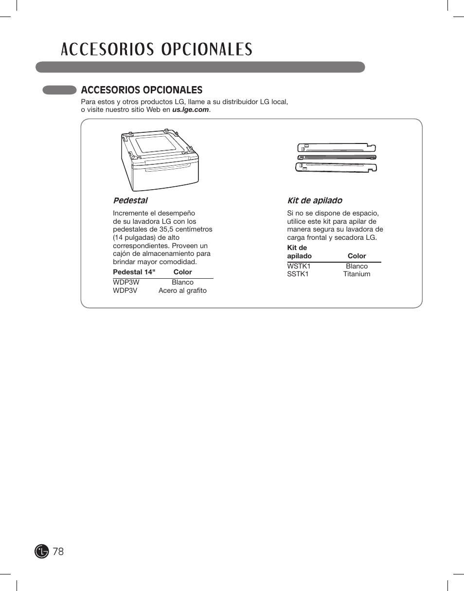 Accesorios opcionales | LG DLE2701V User Manual | Page 78 / 120