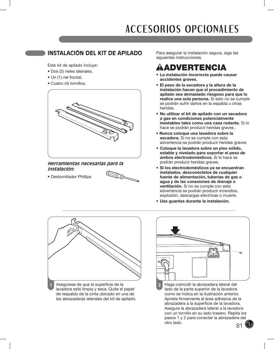 Wadvertencia, Instalación del kit de apilado | LG DLE2701V User Manual | Page 81 / 120