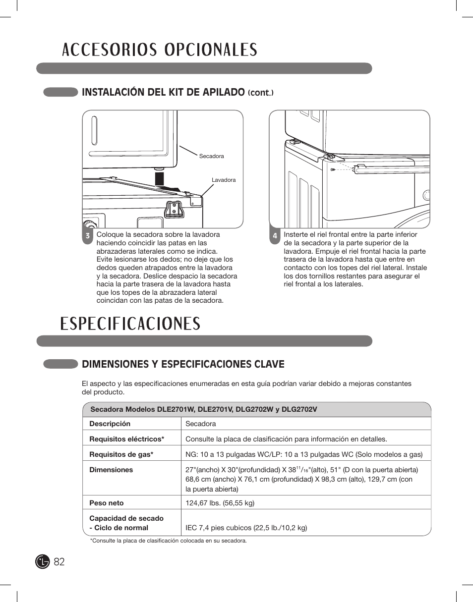 Instalación del kit de apilado, Dimensiones y especificaciones clave | LG DLE2701V User Manual | Page 82 / 120