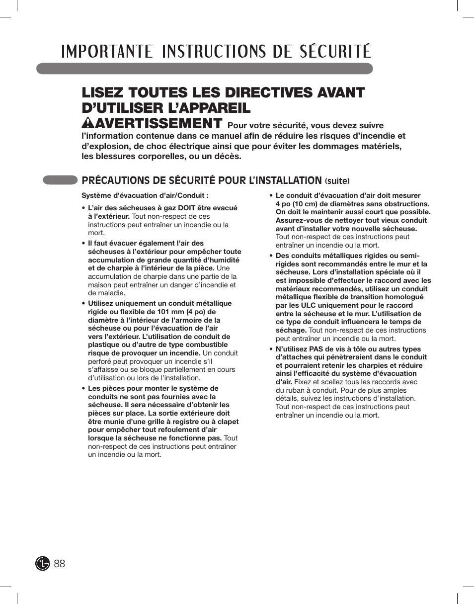 88 précautions de sécurité pour l’installation | LG DLE2701V User Manual | Page 88 / 120