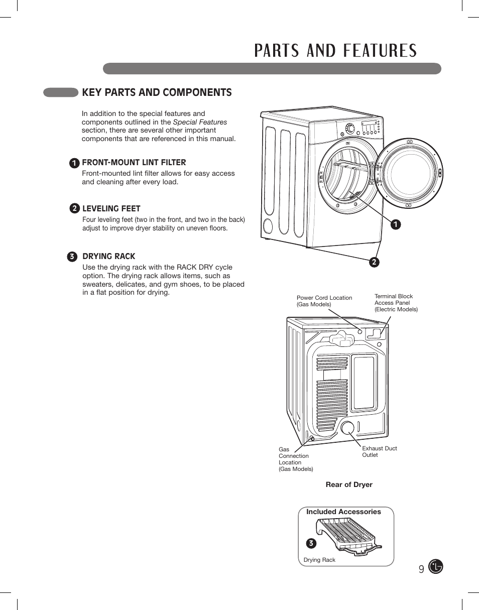 Key parts and components | LG DLE2701V User Manual | Page 9 / 120