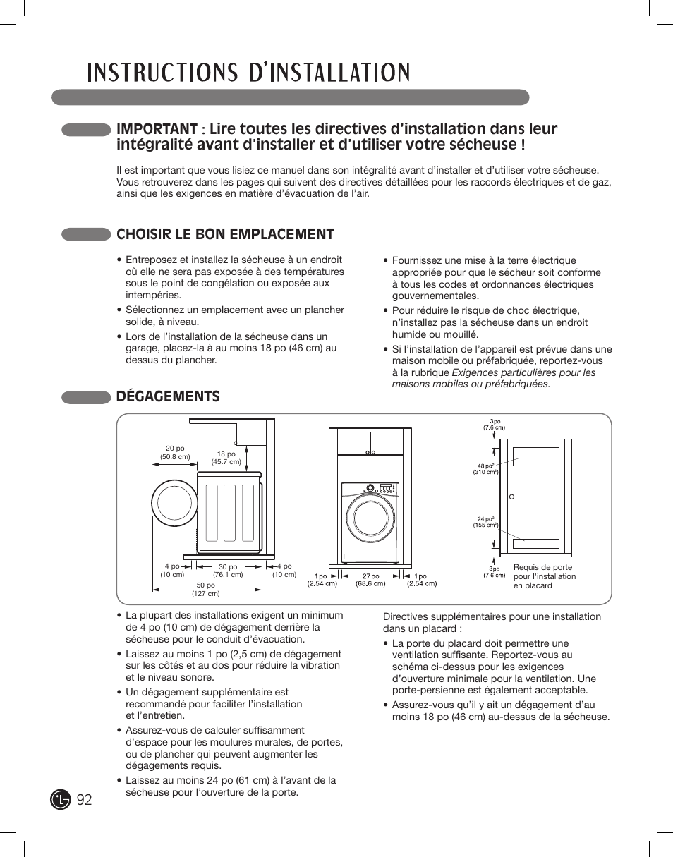 Choisir le bon emplacement, Dégagements | LG DLE2701V User Manual | Page 92 / 120