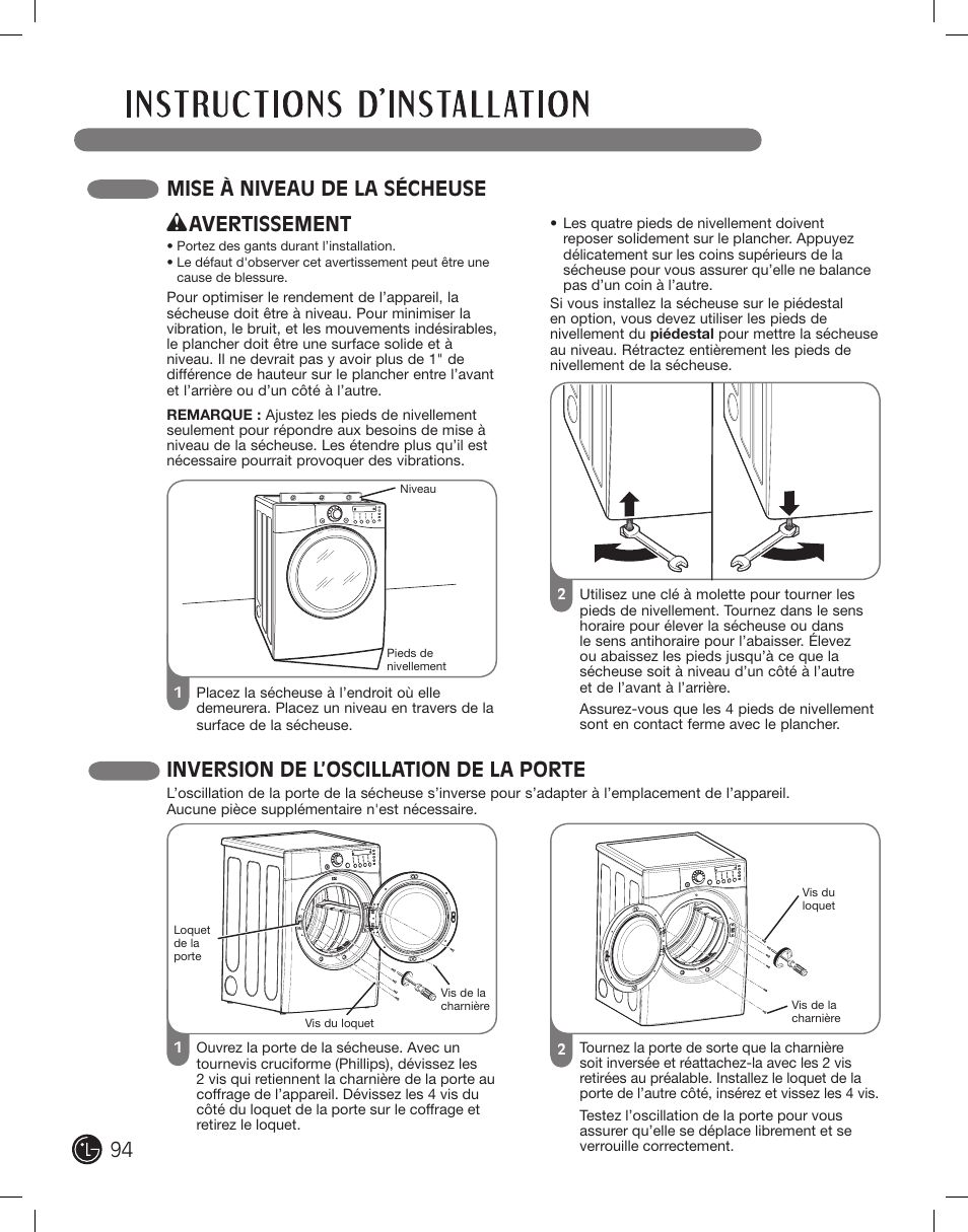 Mise à niveau de la sécheuse, Inversion de l’oscillation de la porte, Avertissement | LG DLE2701V User Manual | Page 94 / 120