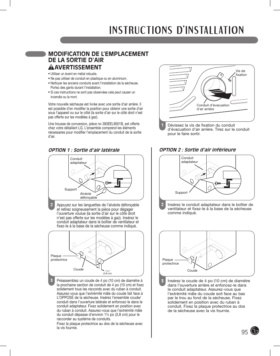 Modification de l’emplacement de la sortie d’air, Avertissement | LG DLE2701V User Manual | Page 95 / 120