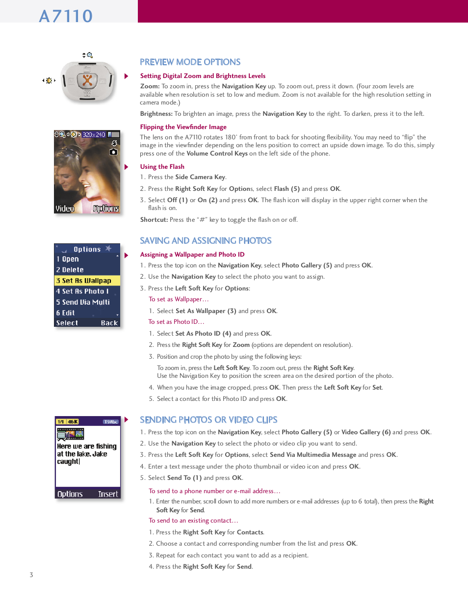 A7110, Preview mode options, Saving and assigning photos | Sending photos or video clips | LG A7110 User Manual | Page 4 / 8