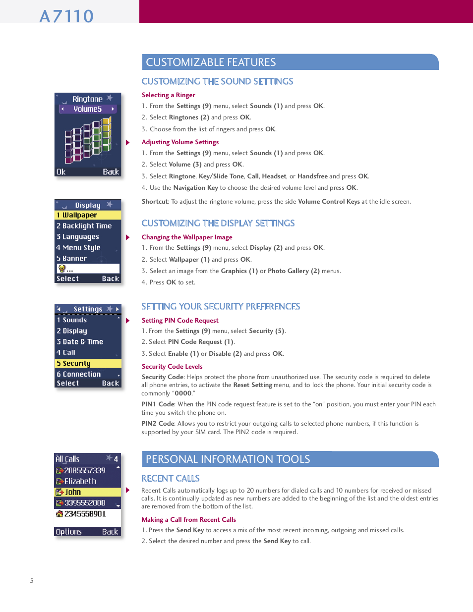 A7110, Customizable features, Personal information tools | LG A7110 User Manual | Page 6 / 8
