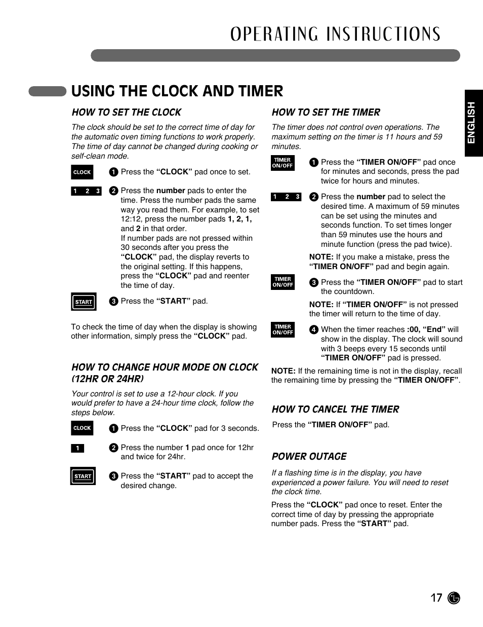 Using the clock and timer | LG Gas Range LRG3093ST User Manual | Page 17 / 38
