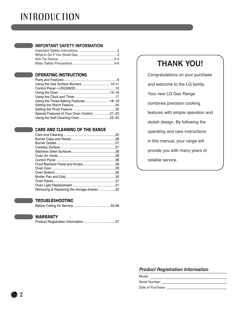 LG Gas Range LRG3093ST User Manual | Page 2 / 38