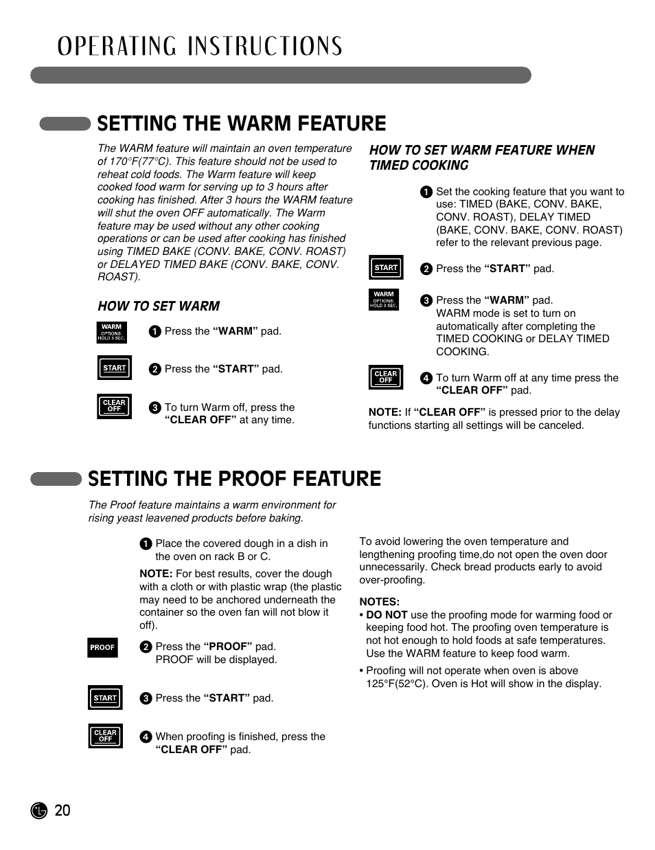 Setting the proof feature, Setting the warm feature | LG Gas Range LRG3093ST User Manual | Page 20 / 38