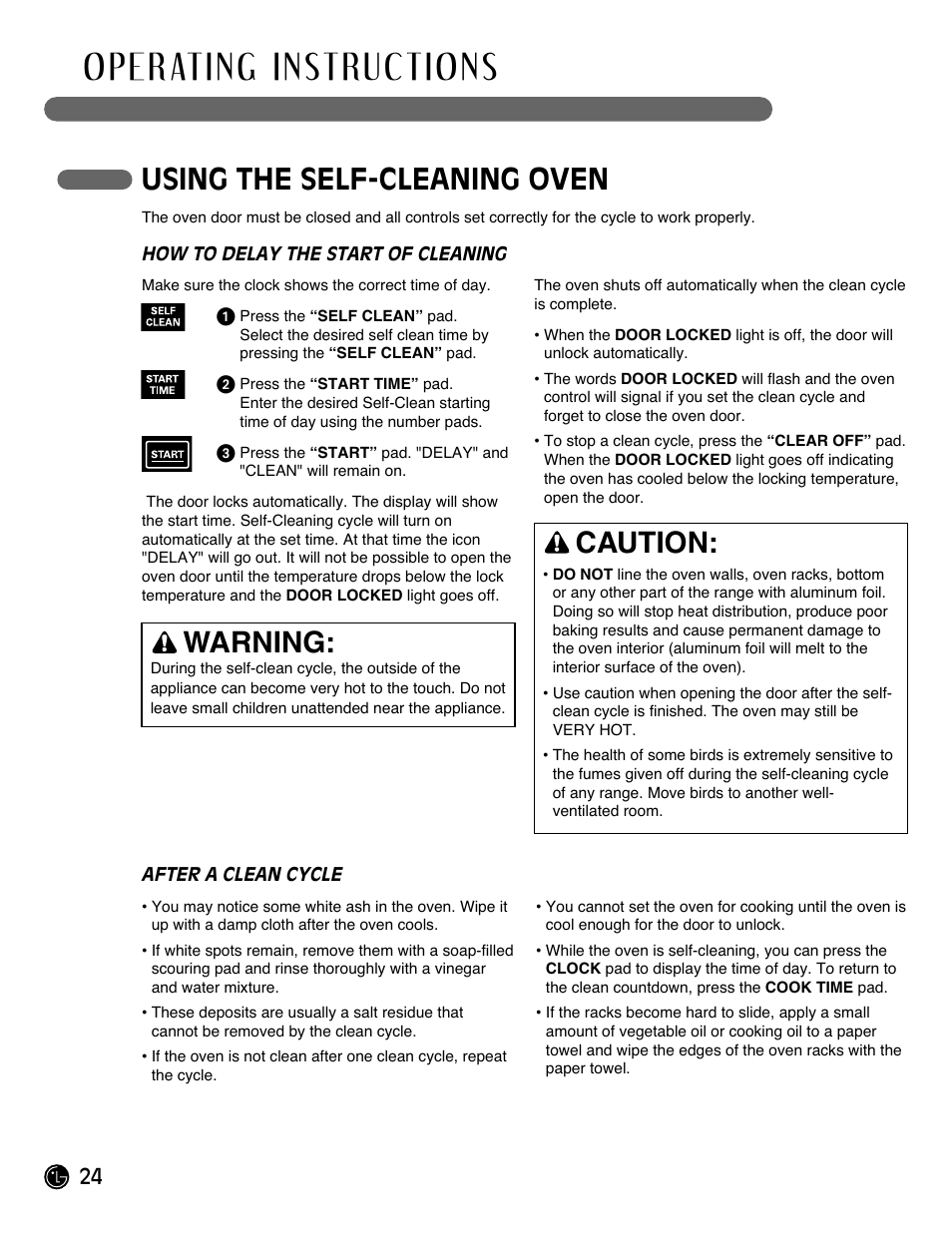 Using the self-cleaning oven, Warning, Caution | LG Gas Range LRG3093ST User Manual | Page 24 / 38