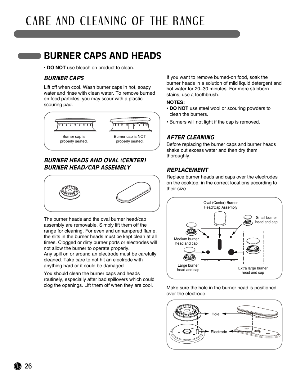 Burner caps and heads, Burner caps, After cleaning | Replacement | LG Gas Range LRG3093ST User Manual | Page 26 / 38