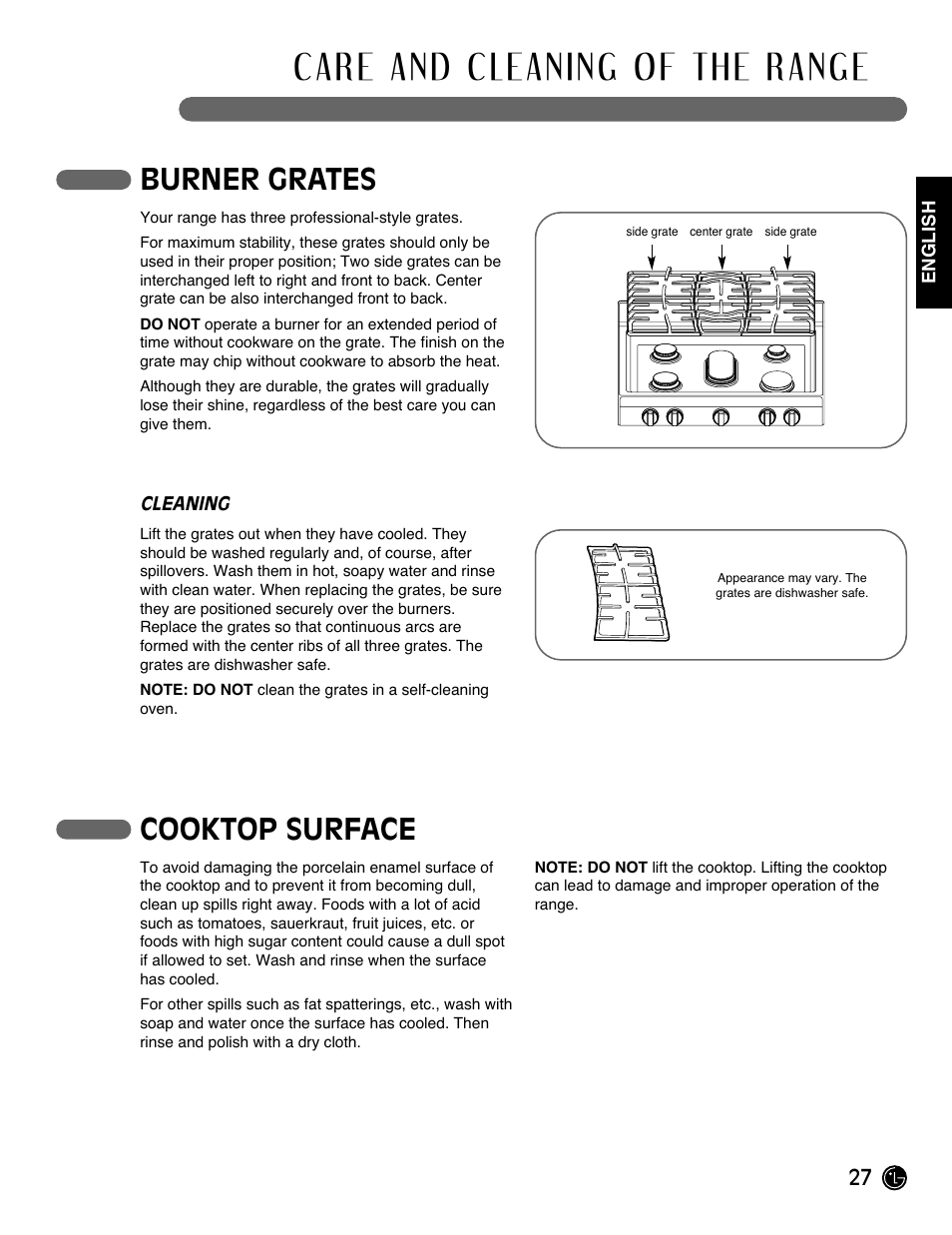 Burner grates, Cooktop surface | LG Gas Range LRG3093ST User Manual | Page 27 / 38