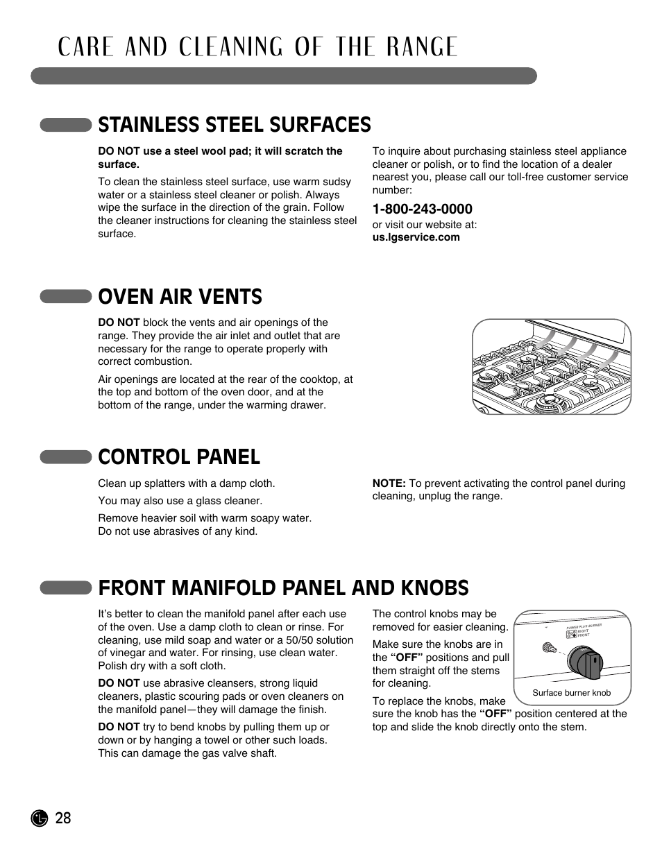 Stainless steel surfaces, Oven air vents, Control panel | Front manifold panel and knobs | LG Gas Range LRG3093ST User Manual | Page 28 / 38