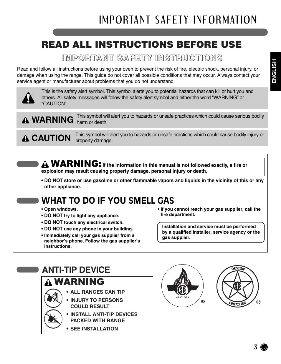 Read all instructions before use warning, Warning | LG Gas Range LRG3093ST User Manual | Page 3 / 38
