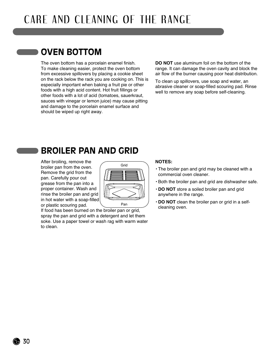 Broiler pan and grid oven bottom | LG Gas Range LRG3093ST User Manual | Page 30 / 38