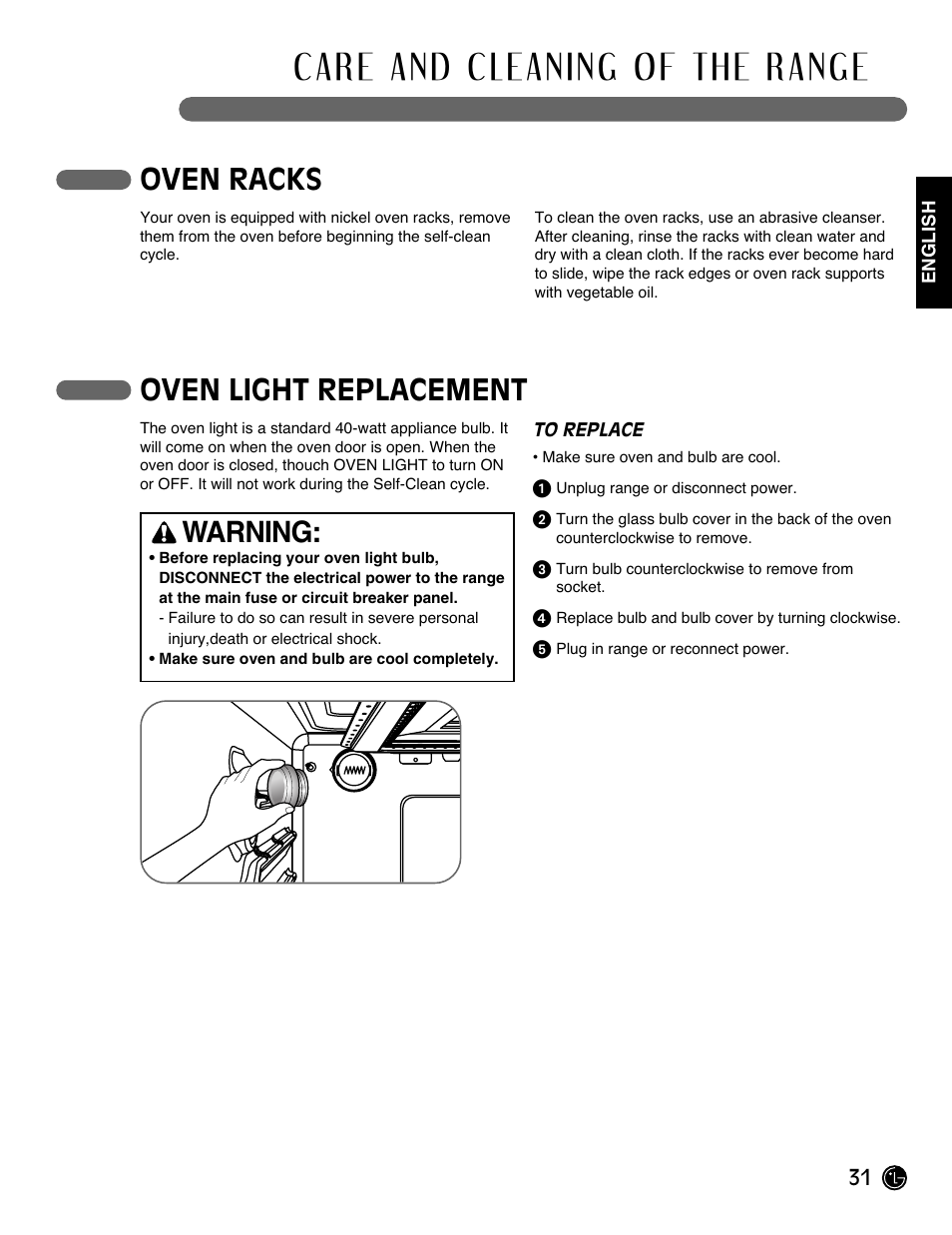 Oven racks, Oven light replacement warning | LG Gas Range LRG3093ST User Manual | Page 31 / 38