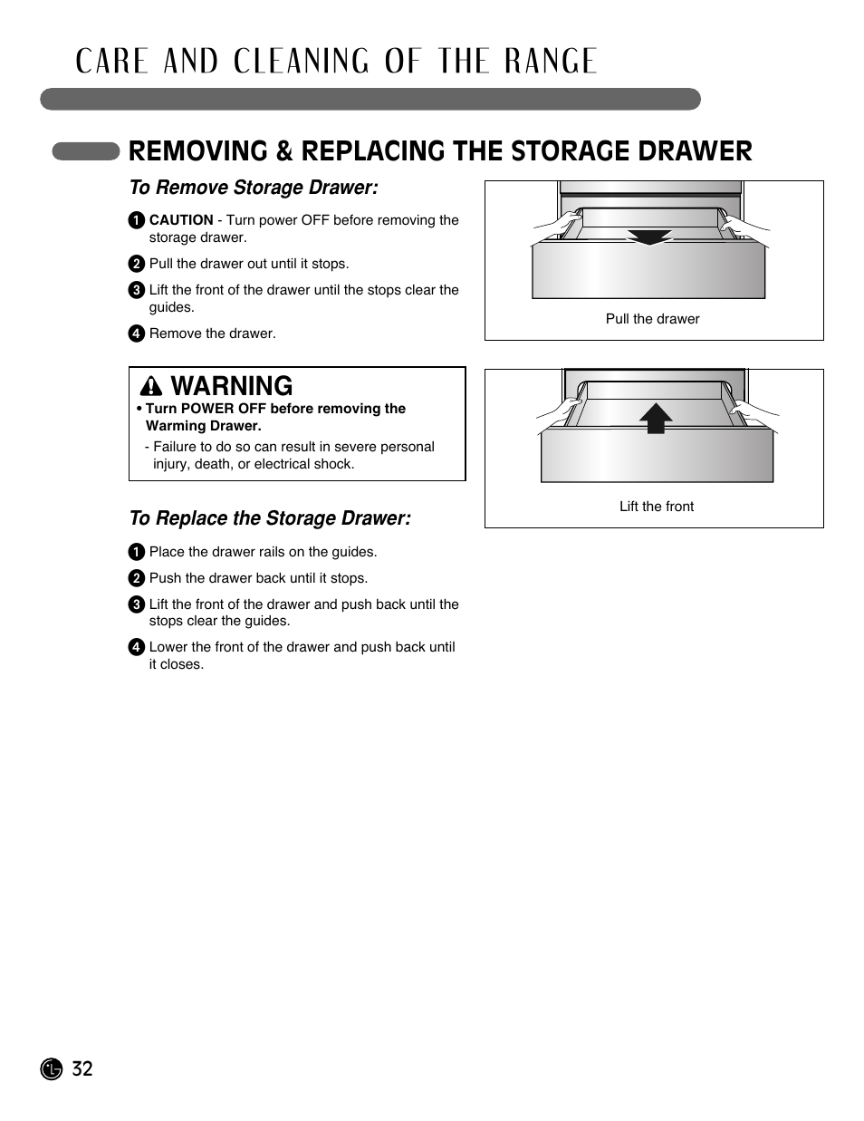 Removing & replacing the storage drawer, Warning | LG Gas Range LRG3093ST User Manual | Page 32 / 38