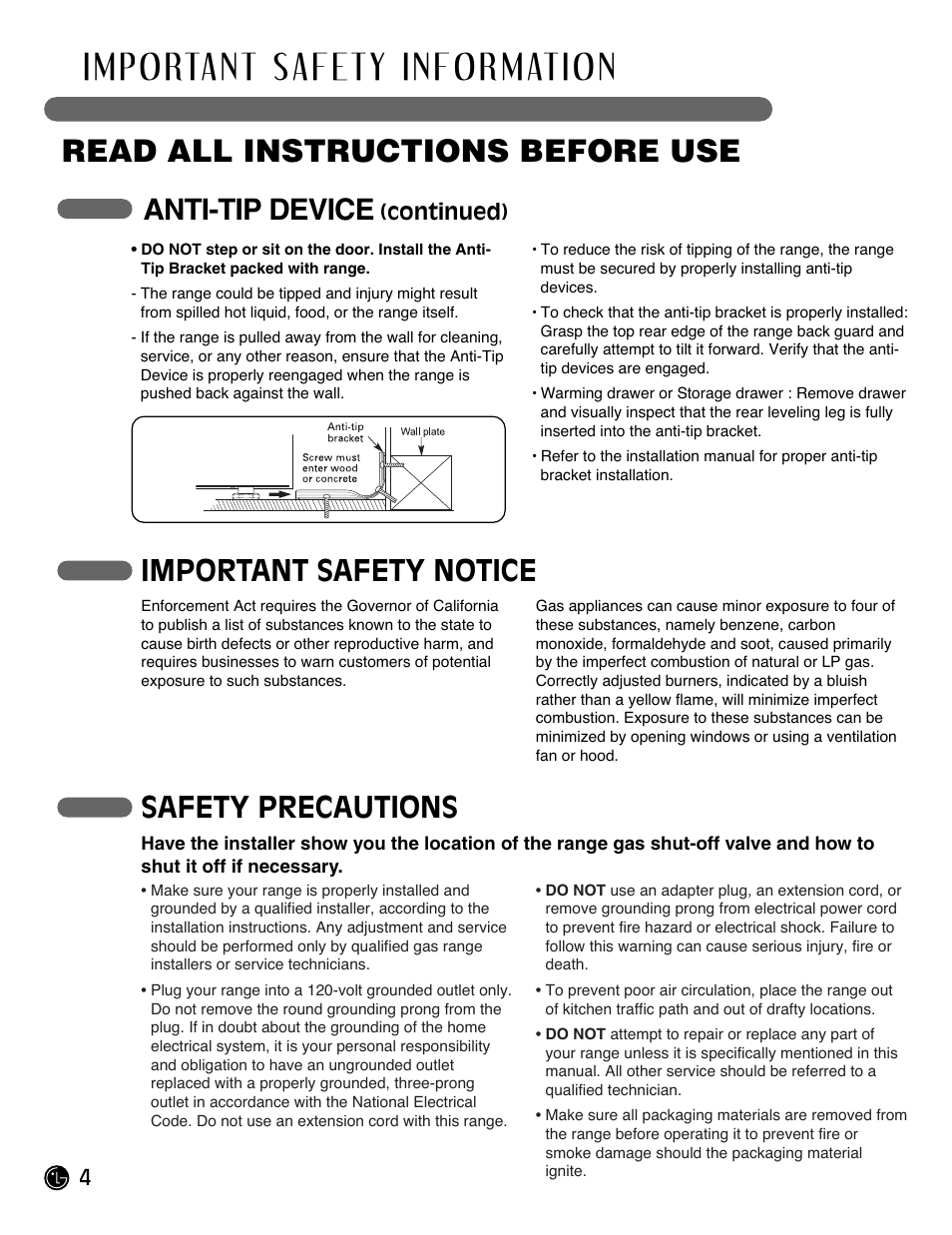 Read all instructions before use, Important safety notice, Safety precautions | Anti-tip device | LG Gas Range LRG3093ST User Manual | Page 4 / 38