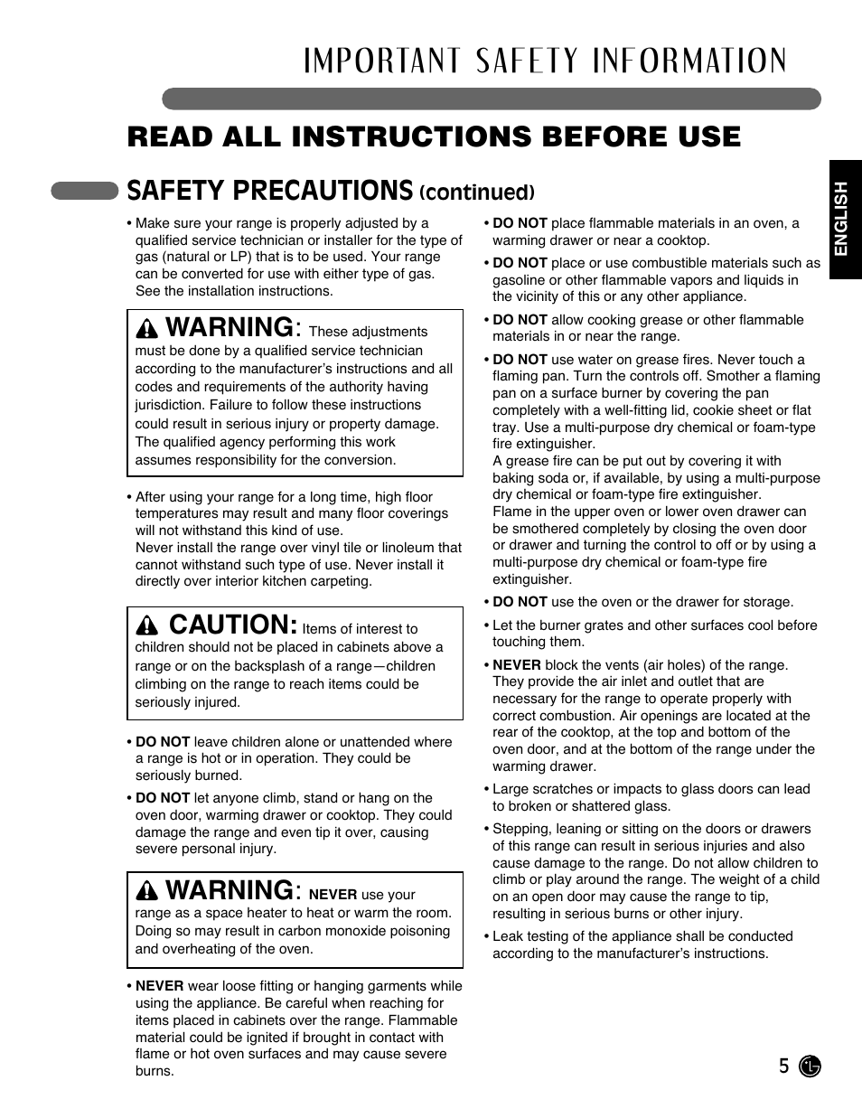 Read all instructions before use, Safety precautions, Warning | Caution, Continued) | LG Gas Range LRG3093ST User Manual | Page 5 / 38