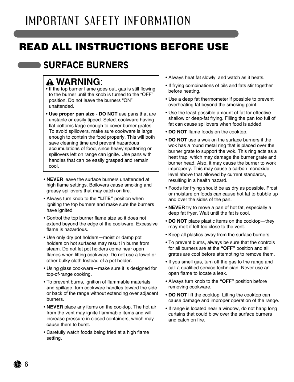 Read all instructions before use, Surface burners, Warning | LG Gas Range LRG3093ST User Manual | Page 6 / 38