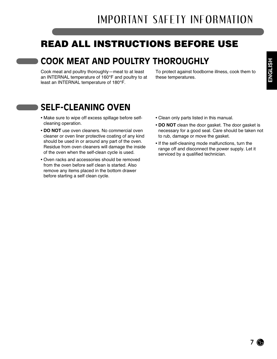 Read all instructions before use, Self-cleaning oven, Cook meat and poultry thoroughly | LG Gas Range LRG3093ST User Manual | Page 7 / 38