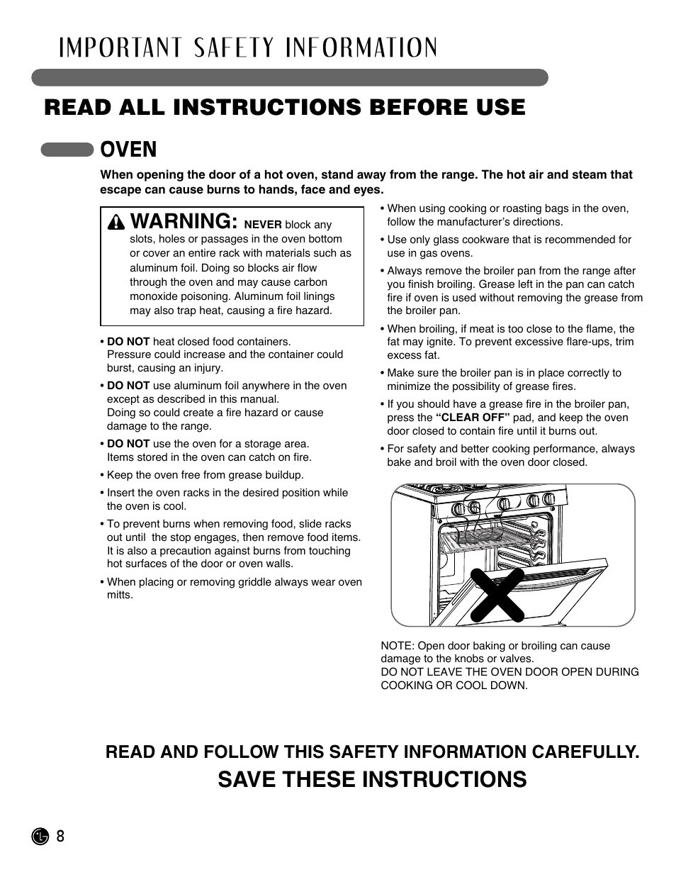 Read all instructions before use, Save these instructions, Oven | Warning, Read and follow this safety information carefully | LG Gas Range LRG3093ST User Manual | Page 8 / 38