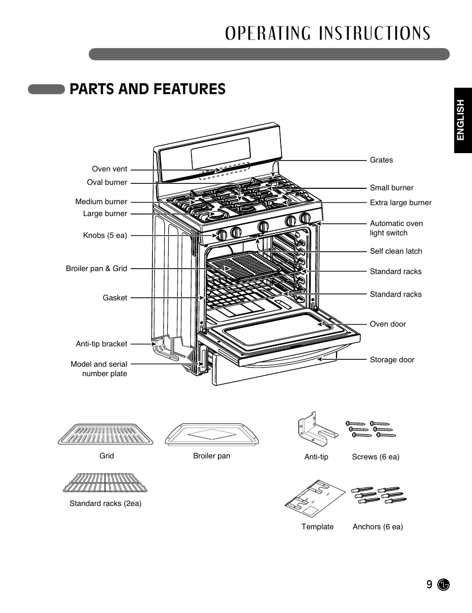 Parts and features | LG Gas Range LRG3093ST User Manual | Page 9 / 38