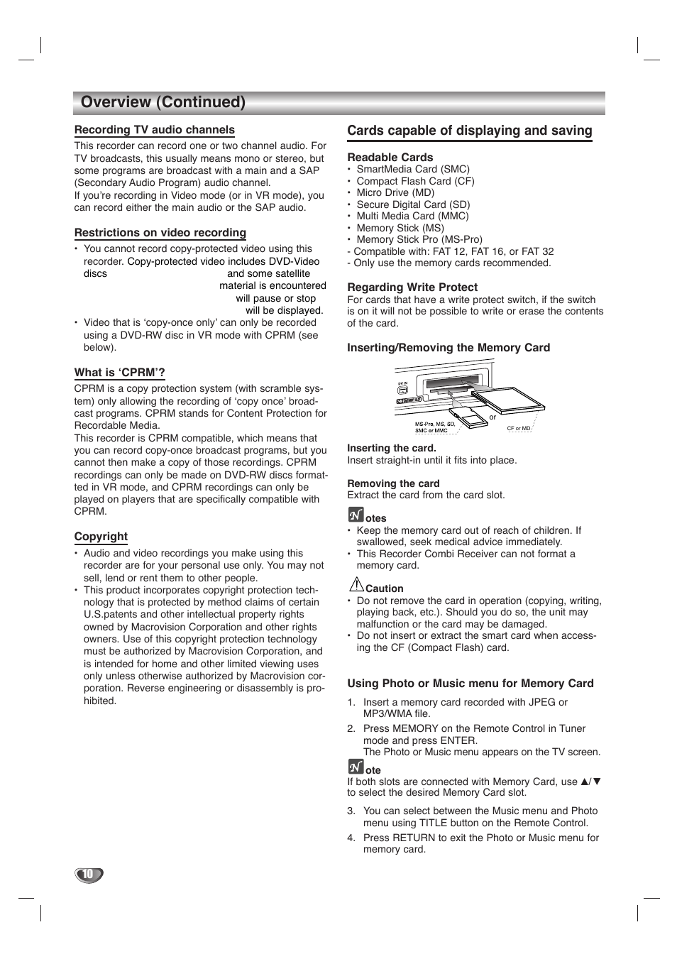 Overview (continued), Cards capable of displaying and saving | LG LHY-518 User Manual | Page 10 / 75