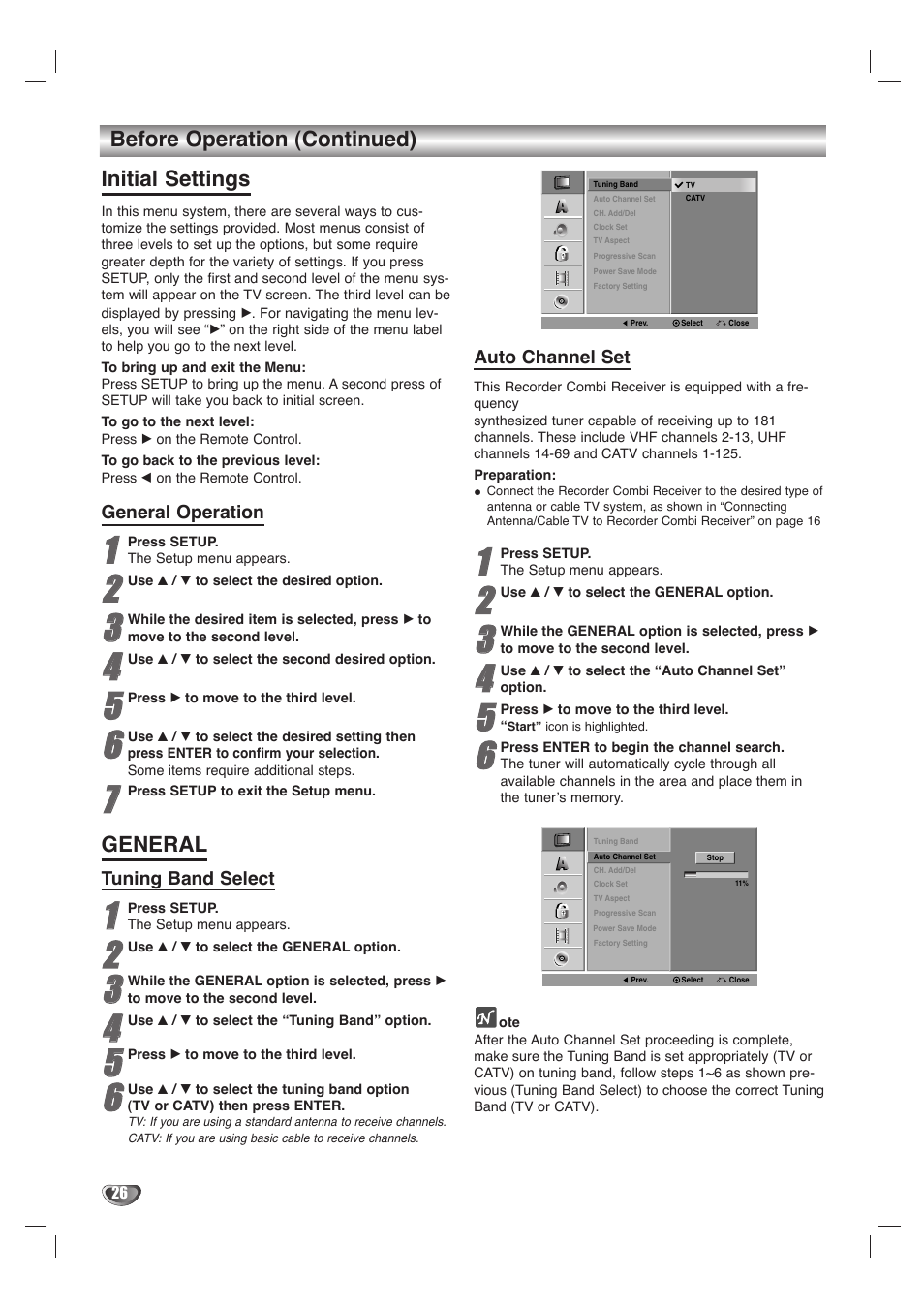 Initial settings, General, Before operation (continued) | LG LHY-518 User Manual | Page 26 / 75