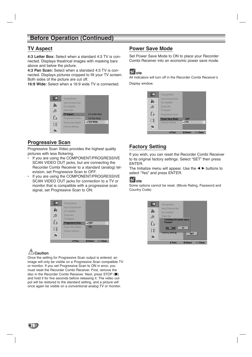 Before operation (continued), Tv aspect, Progressive scan | Power save mode, Factory setting | LG LHY-518 User Manual | Page 28 / 75