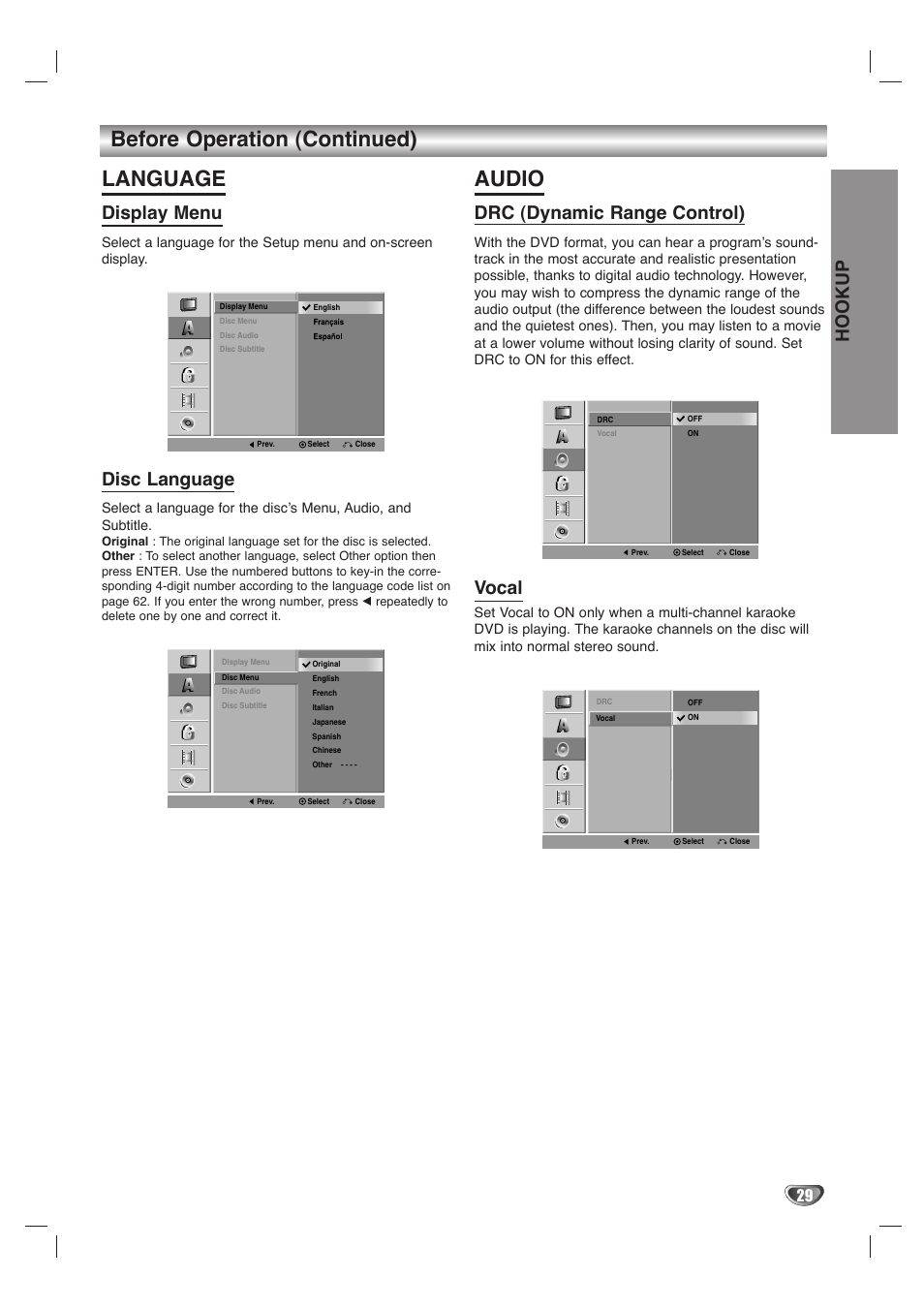 Before operation (continued) language, Audio, Hookup | Display menu, Disc language, Drc (dynamic range control), Vocal | LG LHY-518 User Manual | Page 29 / 75