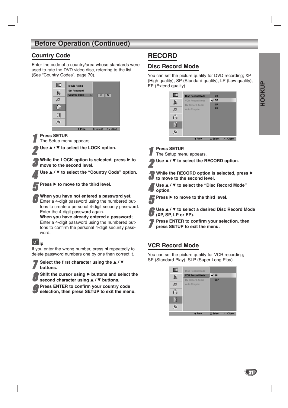 Before operation (continued), Record | LG LHY-518 User Manual | Page 31 / 75