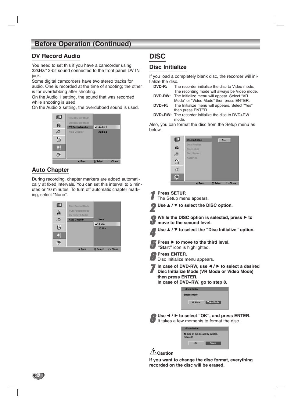 Disc, Before operation (continued), Dv record audio | Auto chapter, Disc initialize | LG LHY-518 User Manual | Page 32 / 75