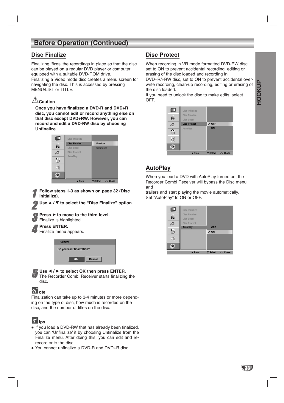 Before operation (continued), Disc finalize, Disc protect | Autoplay, Hookup | LG LHY-518 User Manual | Page 33 / 75