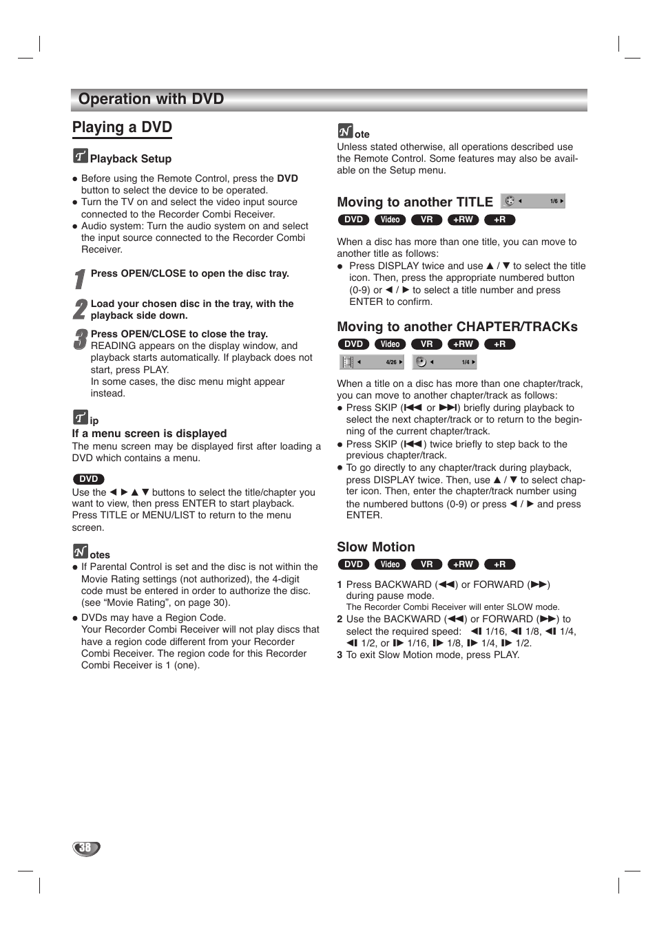 Operation with dvd playing a dvd, Moving to another title, Moving to another chapter/tracks | Slow motion | LG LHY-518 User Manual | Page 38 / 75