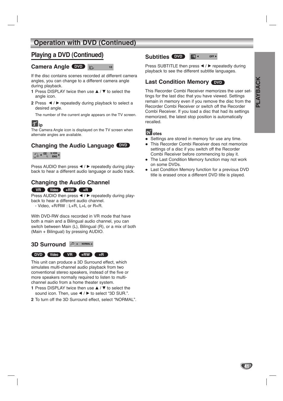 Pla yback, Camera angle, Changing the audio language | Changing the audio channel, 3d surround, Subtitles | LG LHY-518 User Manual | Page 41 / 75