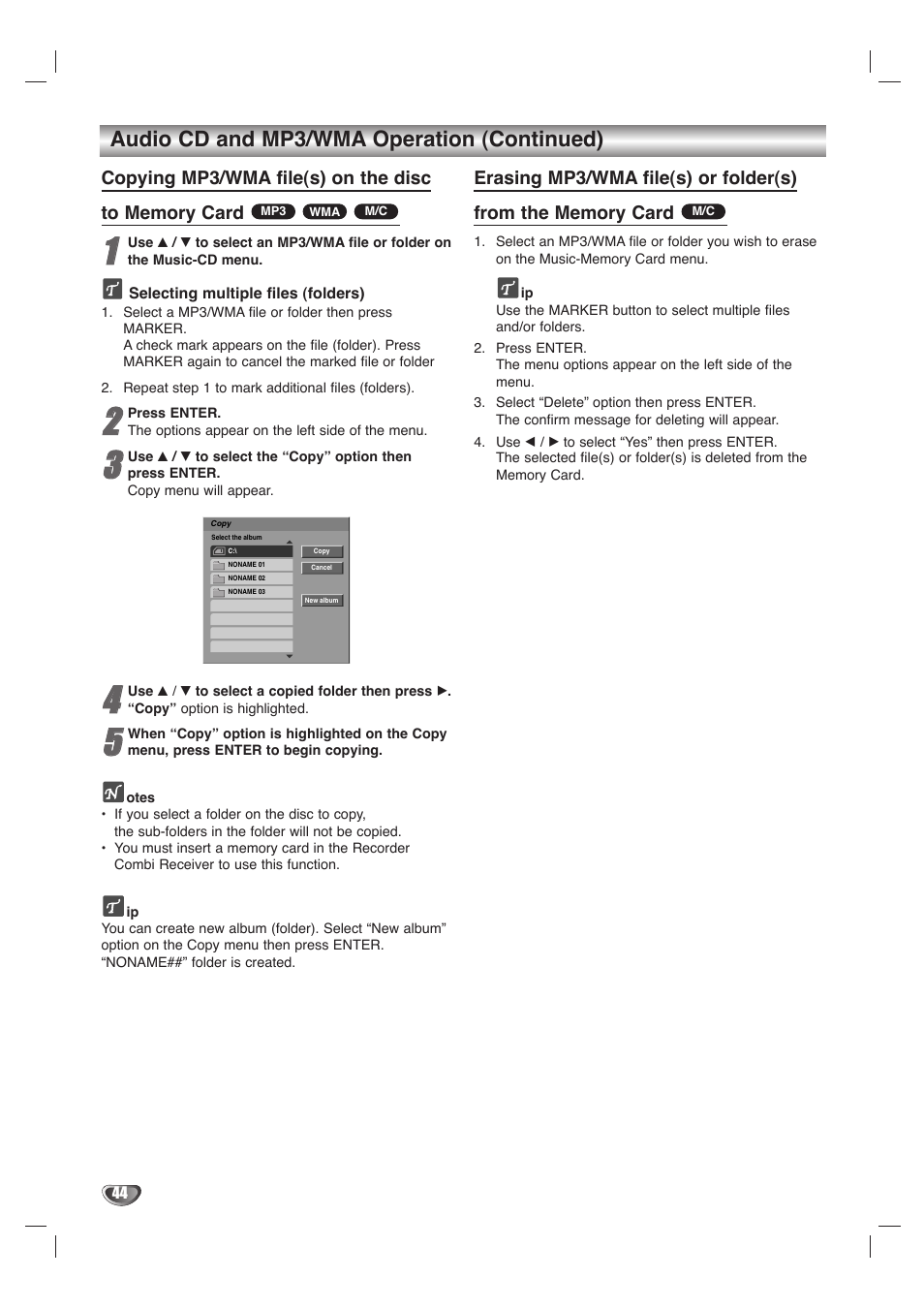 Audio cd and mp3/wma operation (continued) | LG LHY-518 User Manual | Page 44 / 75