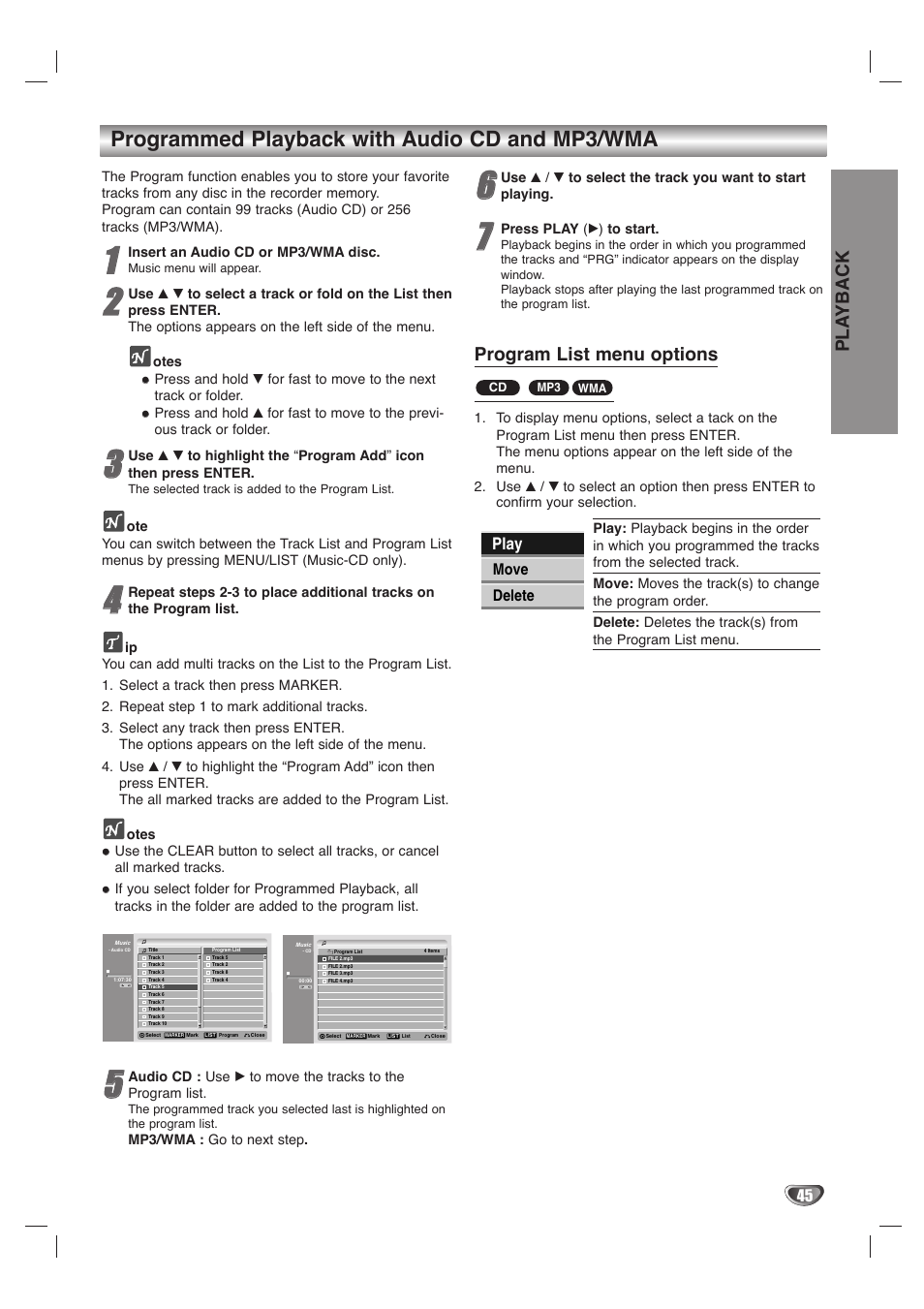 Programmed playback with audio cd and mp3/wma, Program list menu options, Pla yback | Play, Move delete | LG LHY-518 User Manual | Page 45 / 75