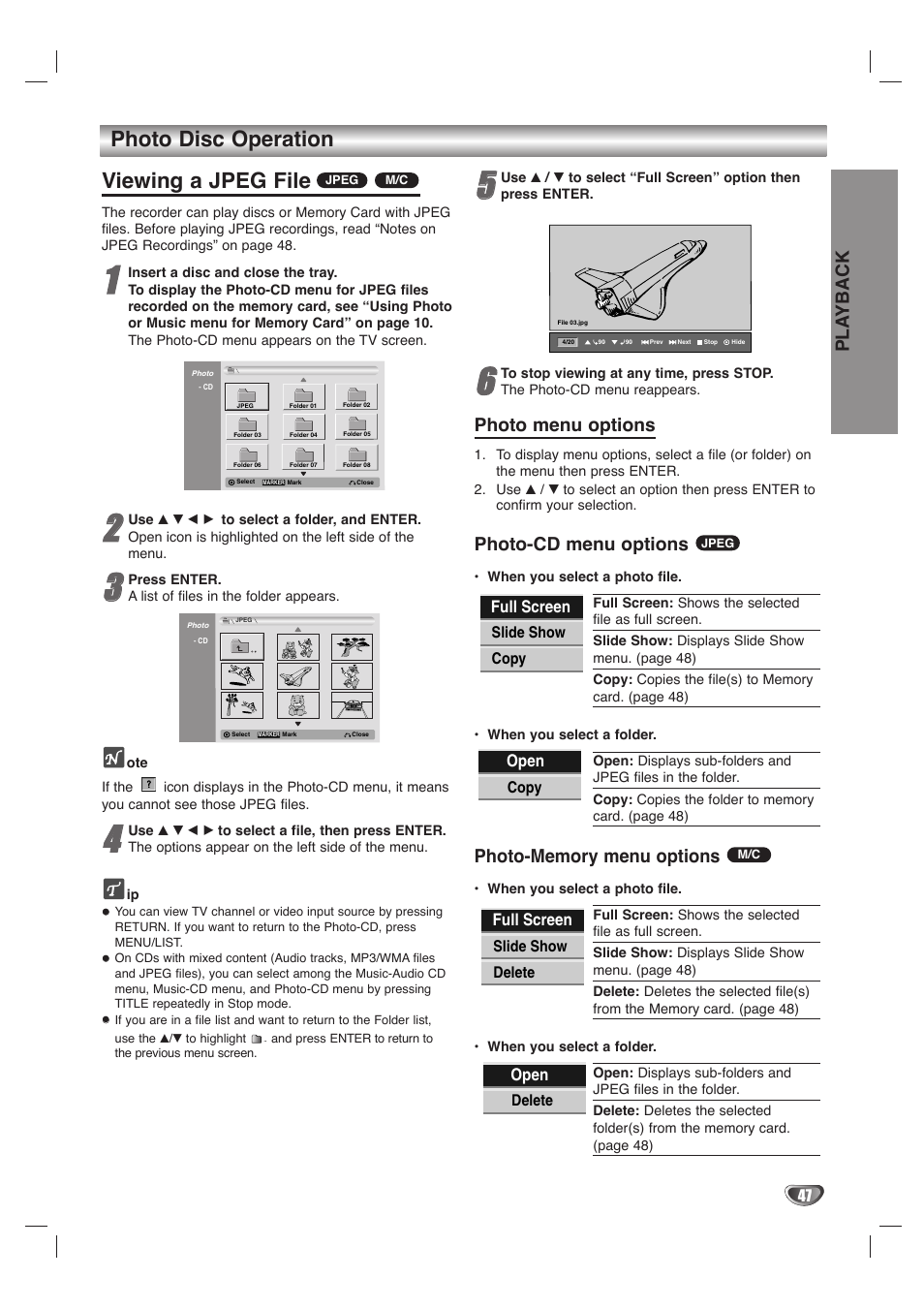 Photo disc operation viewing a jpeg file, Photo menu options, Photo-cd menu options | Pla yback, Full screen, Open | LG LHY-518 User Manual | Page 47 / 75