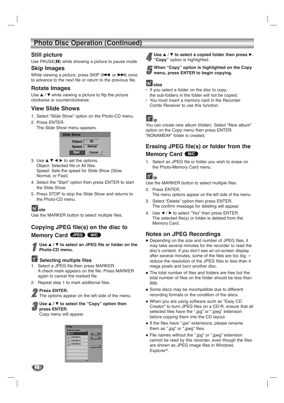 Photo disc operation (continued), Still picture, Skip images | Rotate images, View slide shows | LG LHY-518 User Manual | Page 48 / 75