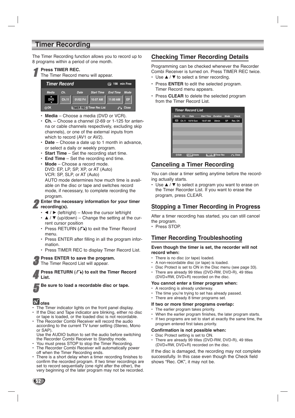 Timer recording, Checking timer recording details, Canceling a timer recording | Stopping a timer recording in progress, Timer recording troubleshooting | LG LHY-518 User Manual | Page 52 / 75