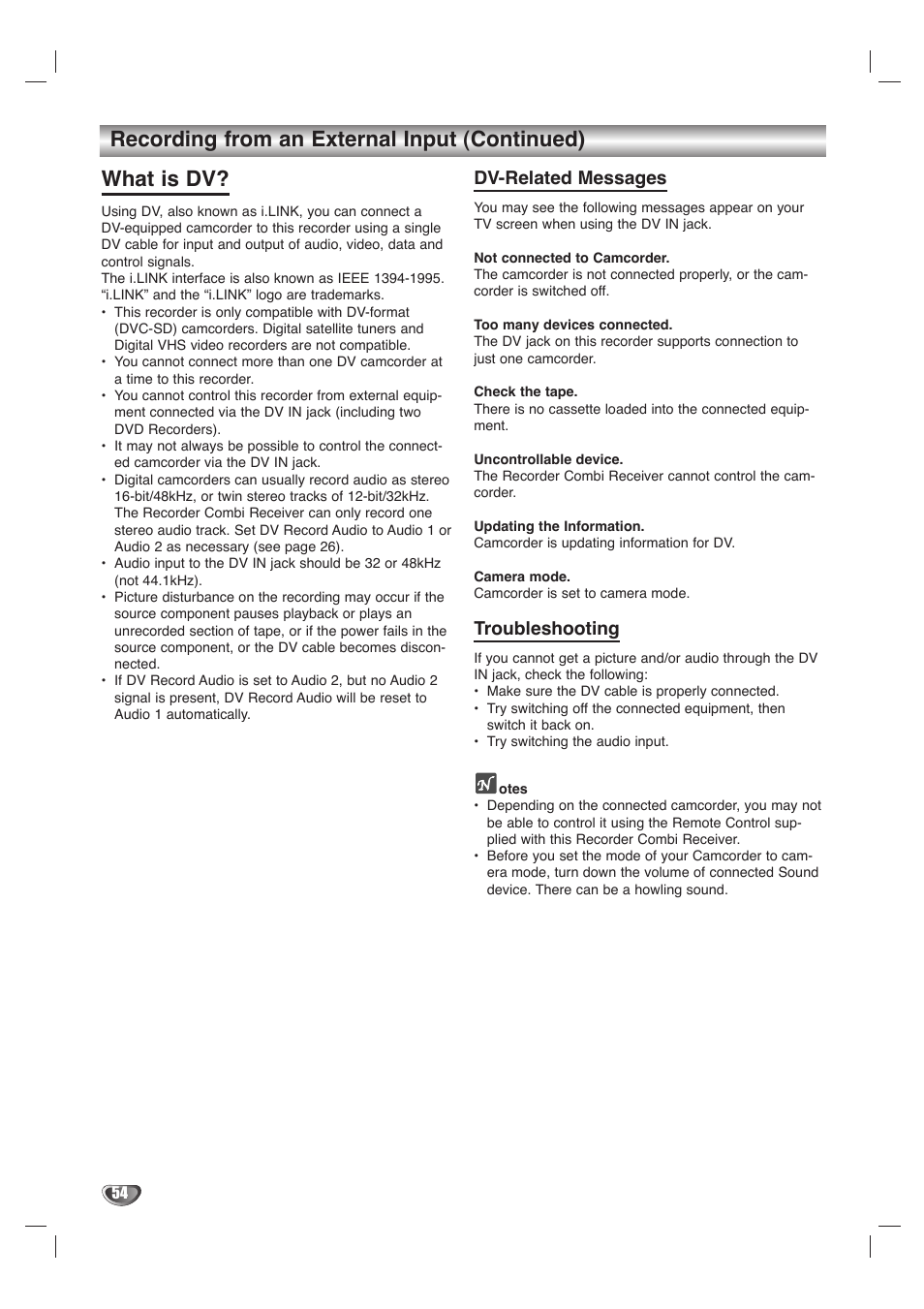 Dv-related messages, Troubleshooting | LG LHY-518 User Manual | Page 54 / 75
