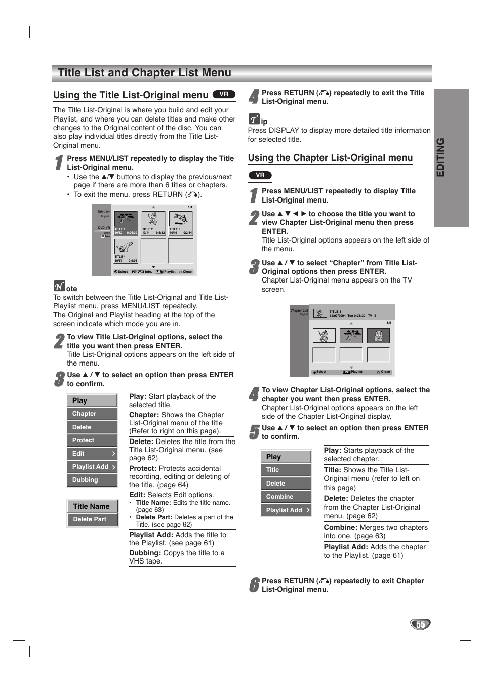 Title list and chapter list menu, Using the title list-original menu, Using the chapter list-original menu | Editing | LG LHY-518 User Manual | Page 55 / 75
