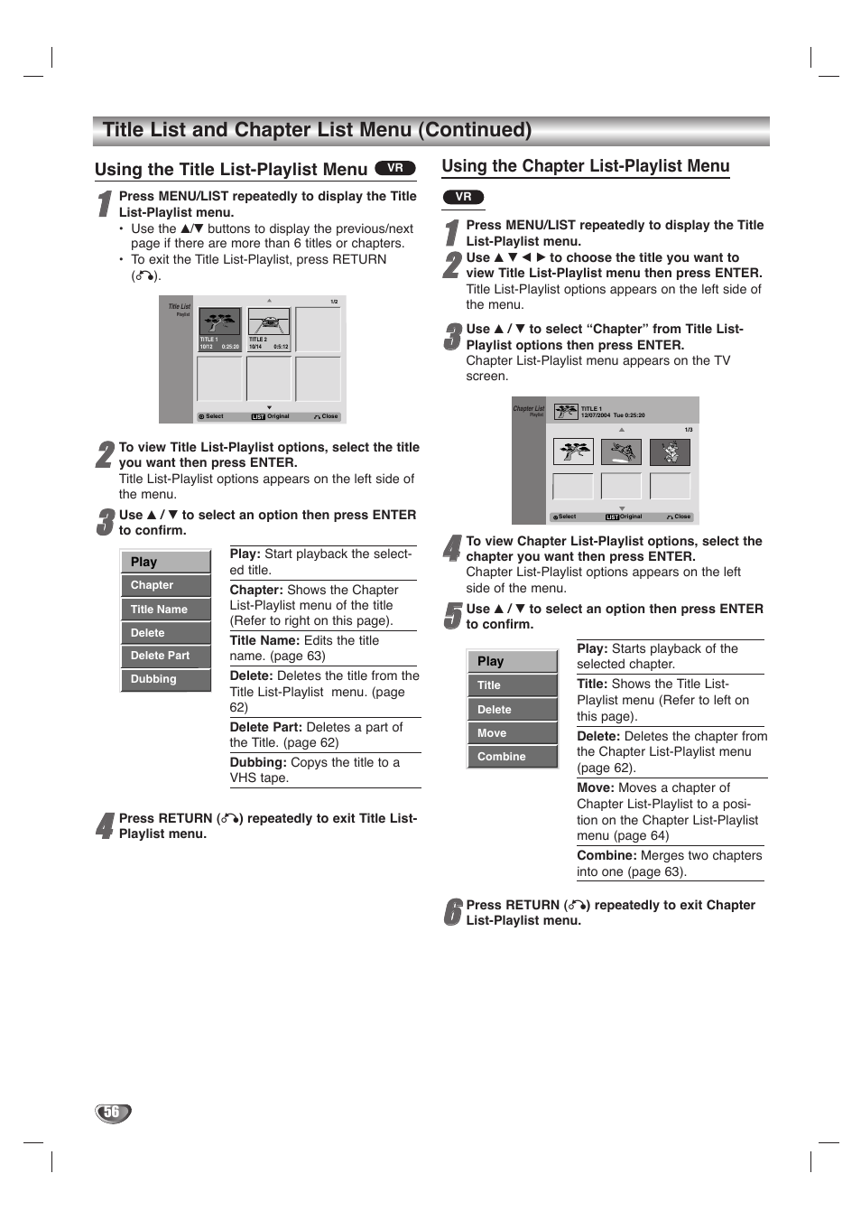 Title list and chapter list menu (continued), Using the title list-playlist menu, Using the chapter list-playlist menu | LG LHY-518 User Manual | Page 56 / 75